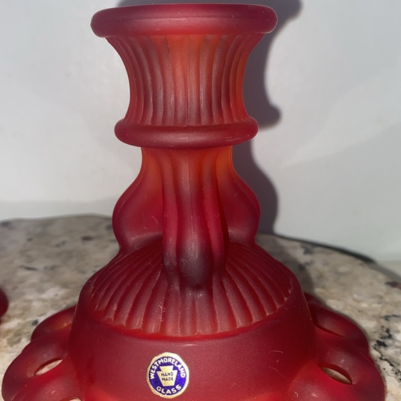 Vintage Westmoreland Handmade Red Glass Satin Mist Doric Lace Candle Holder Pair - Picture 10 of 12